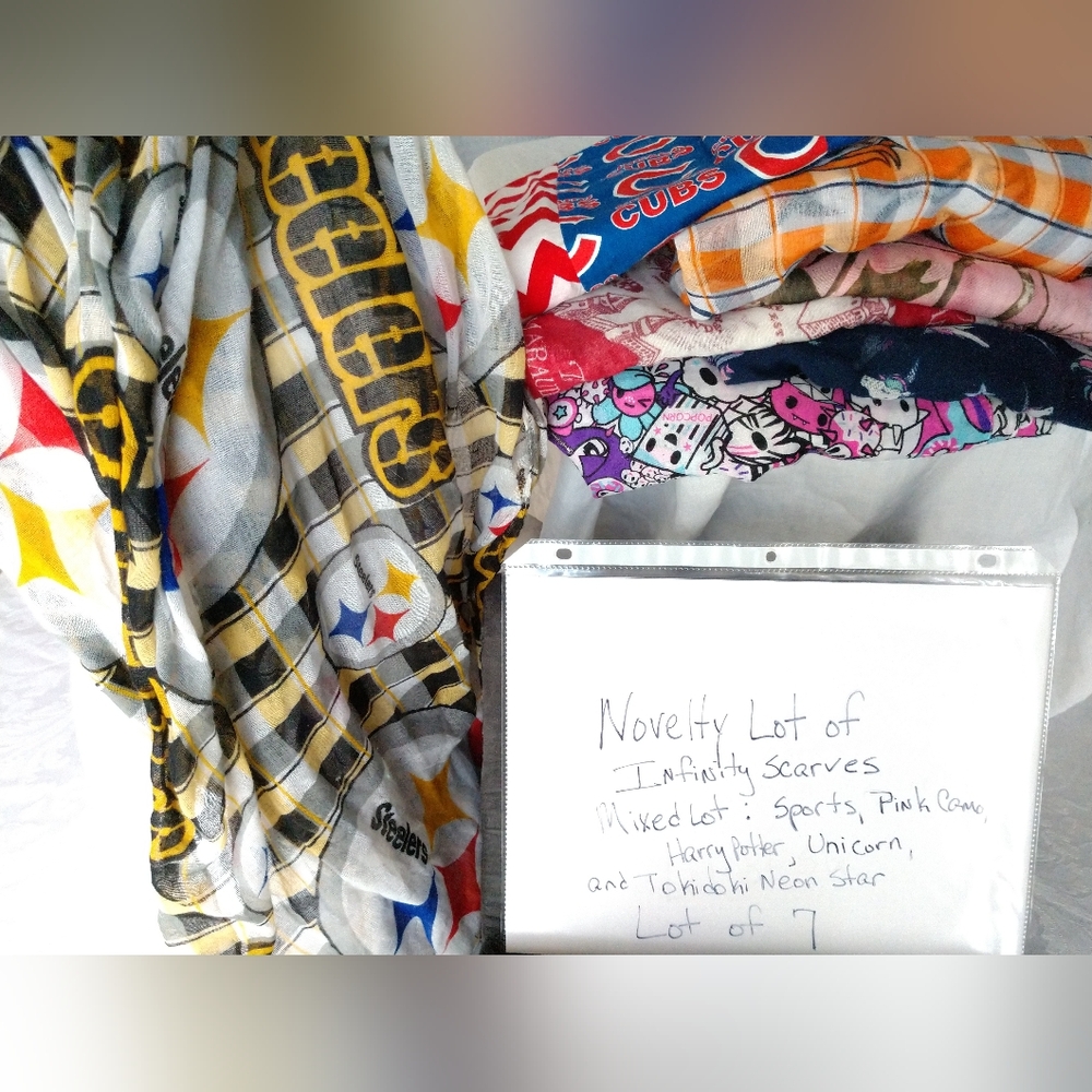 Novelty Infinity Scarf Lot of 7 Fun Fashion Scarves Sports Unicorn Tokidoki Etc